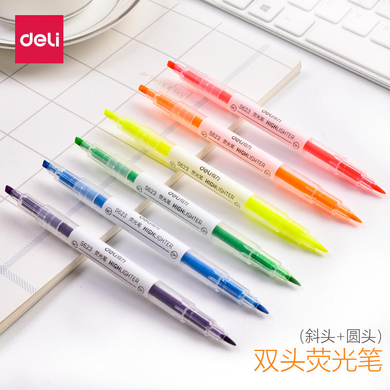得力S737荧光笔双头彩色粗划重点绘画套装笔S627学生糖果色标记笔