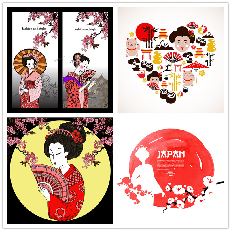 A0991矢量日本日式传统文化元素艺妓樱花和服招财猫 AI设计素材