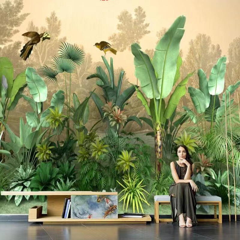 18d热带雨林动植物背景墙手绘芭蕉叶壁画宣绒布无缝壁纸客厅墙布
