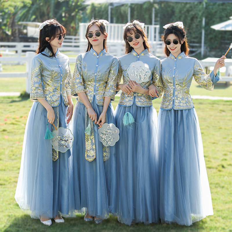 中式伴娘服女2024夏季新款姐妹团装礼服小众高级感国风蓝色伴娘裙