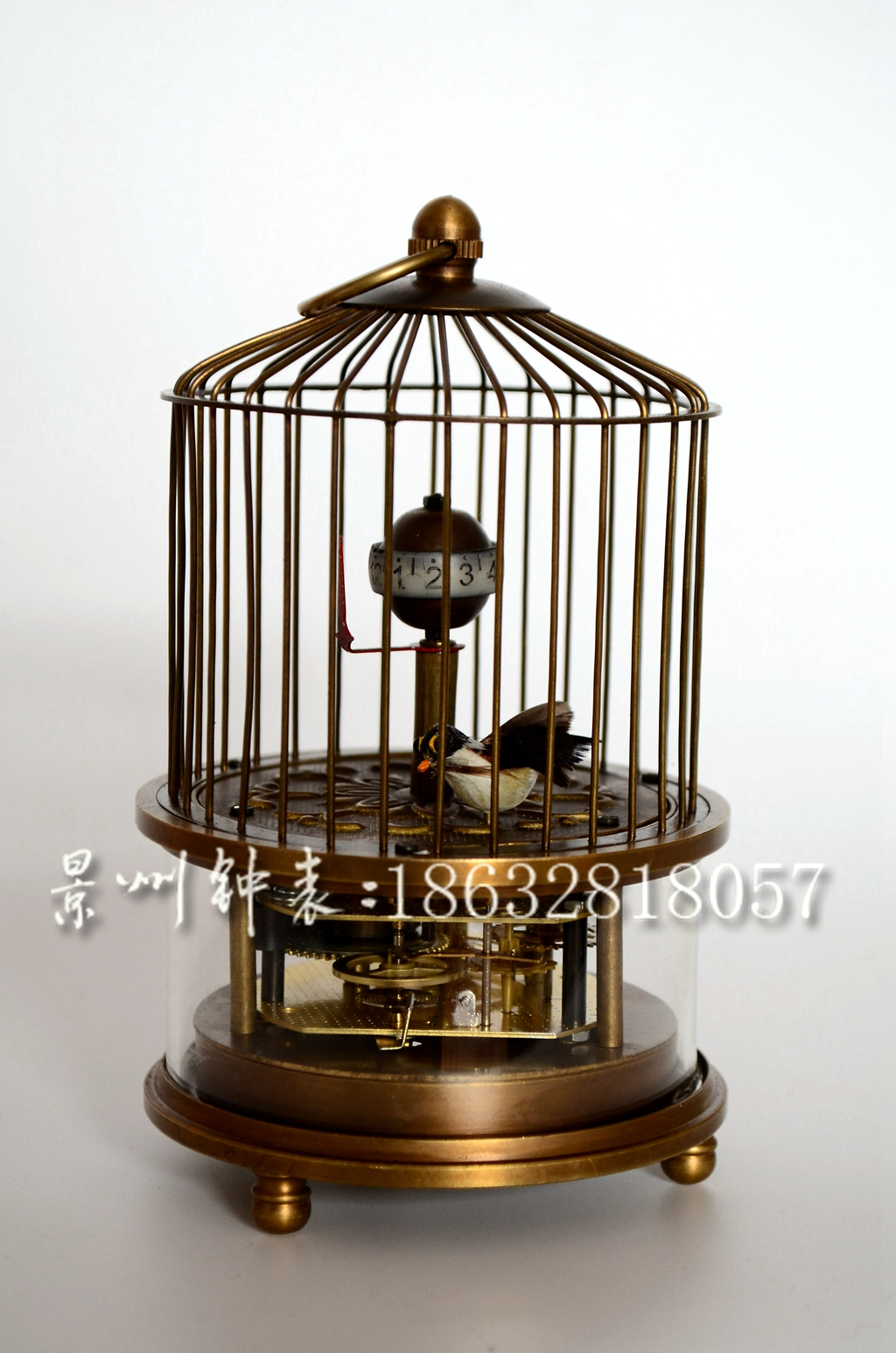 鸟笼钟表 复古纯铜机械趣味钟表 老式上弦 黄铜仿古董把玩小座钟