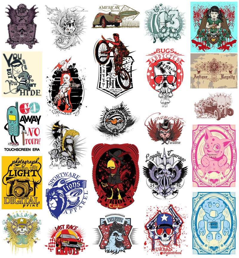 矢量设计素材 25张欧美摇滚骷髅风格哥特刺青纹身海报T恤模板 EPS