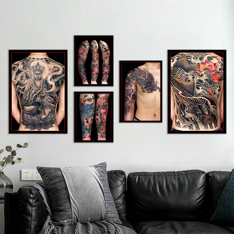 纹身装饰画组合客厅沙发背景墙画满背刺青花臂花腿有框画纹绣海报