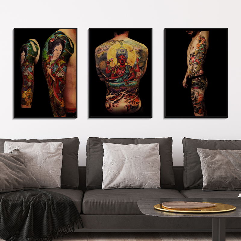 纹身店装饰画刺青工作室墙画花腿满背纹绣传统手稿粘贴画宣传海报