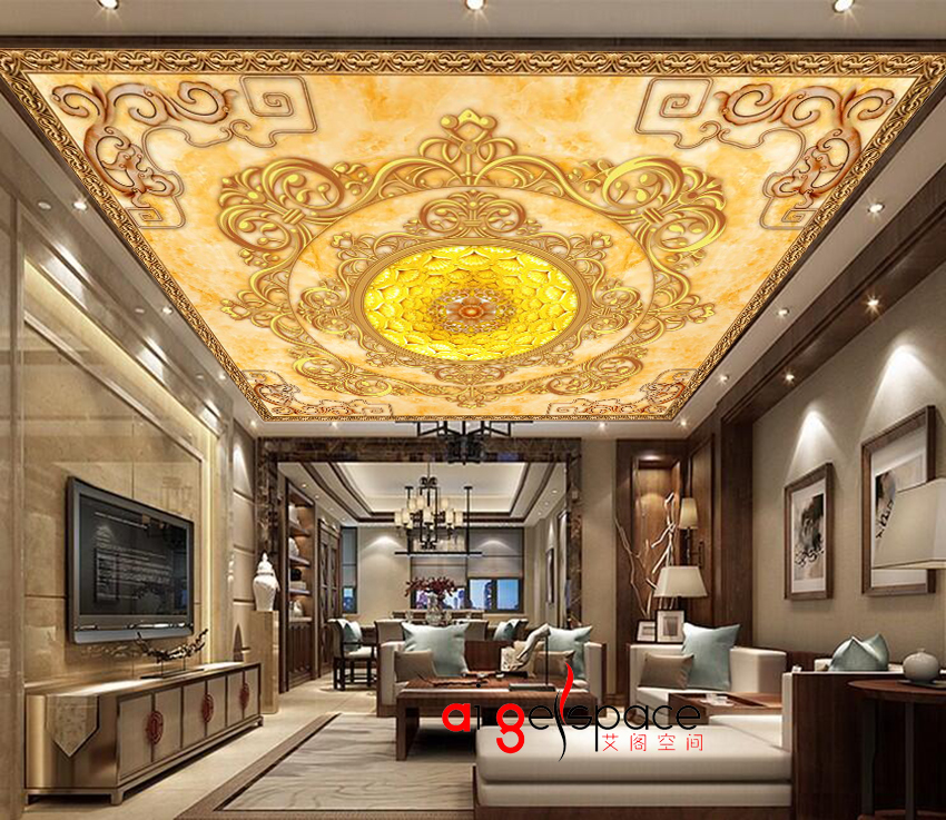 定制环保型欧式金色天花板8d立体奢华档吊顶壁画简欧客厅卧室墙布