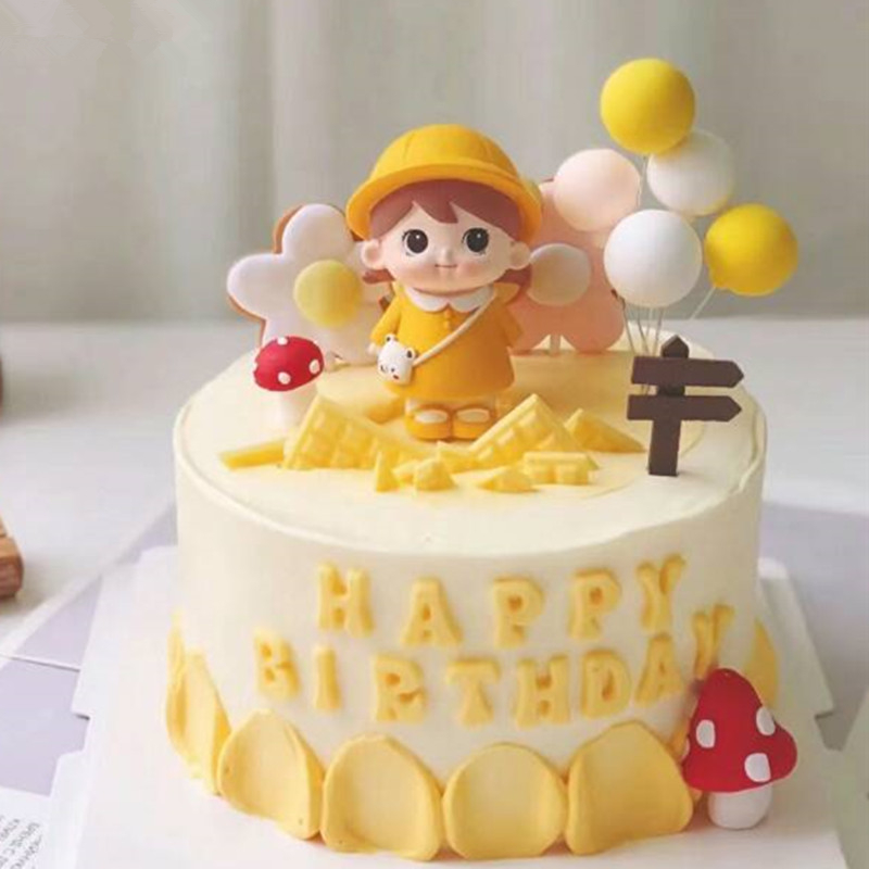 萌萌女孩蛋糕装饰摆件网红可爱小黄帽背包小公主儿童生日烘焙插件