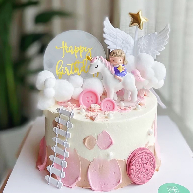 骑马女孩蛋糕装饰摆件天使小仙女可爱公主宝宝周岁生日烘焙插件