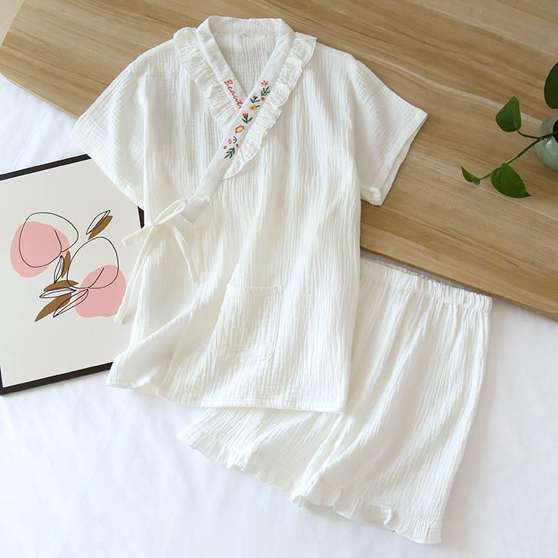 新款夏季 纯棉纱布系带短袖睡衣套装女士日式和服甚平温泉汗蒸服