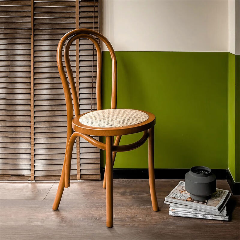 法式美式实木藤编复古餐椅索耐特家用饭厅阳台靠背椅子甜品店桌|